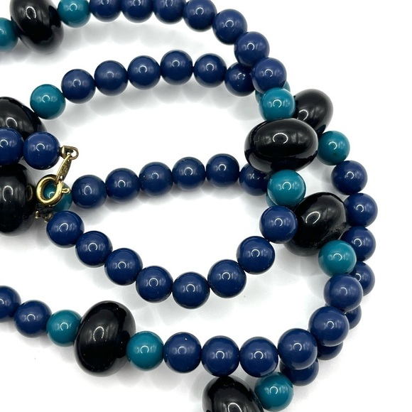 Trifari Beaded Necklace 30” Length Blue Black and Turquoise Blue Beaded Necklace - Picture 10 of 13